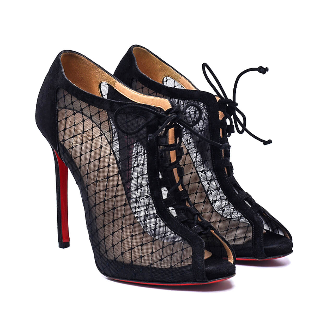 Christian Louboutin -Black Mesh and Suede Lace up Peep Toe Booties 40